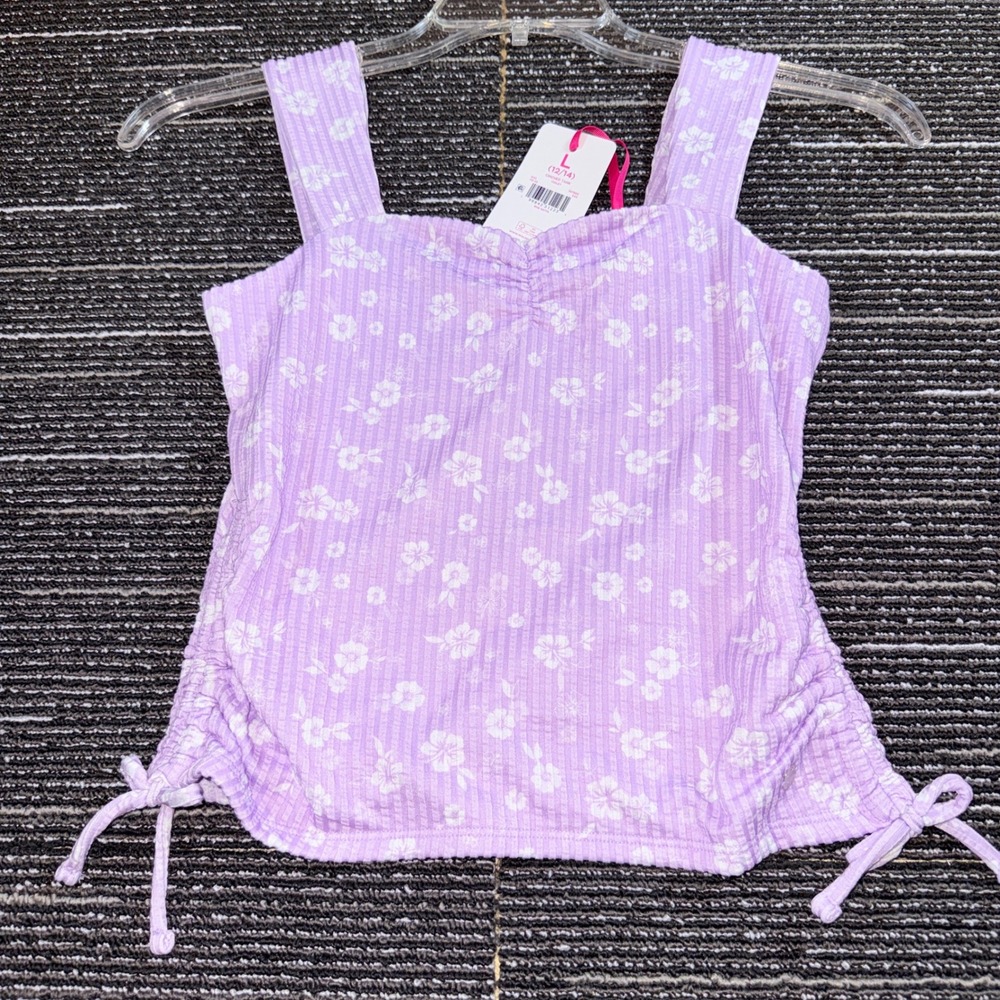 Justice Cinched Tank Girls Size L 12/14 NWT Violet Floral Ribbed Ruched Top
